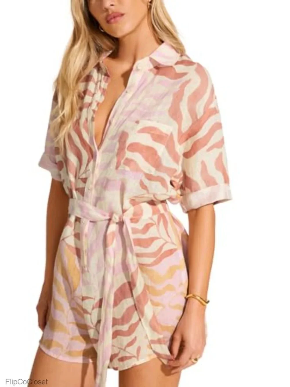 Linen Short Romper Swimsuit Cover Up with Shell Buttons